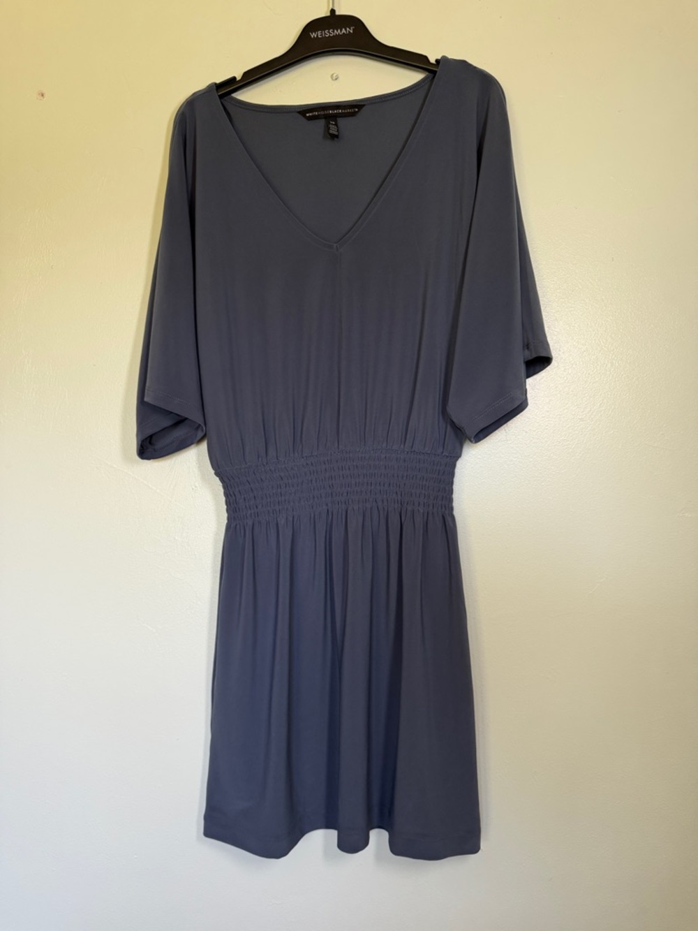 White House Black Market Slate Blue V-Neck Smocked-Waist Mini Dress
